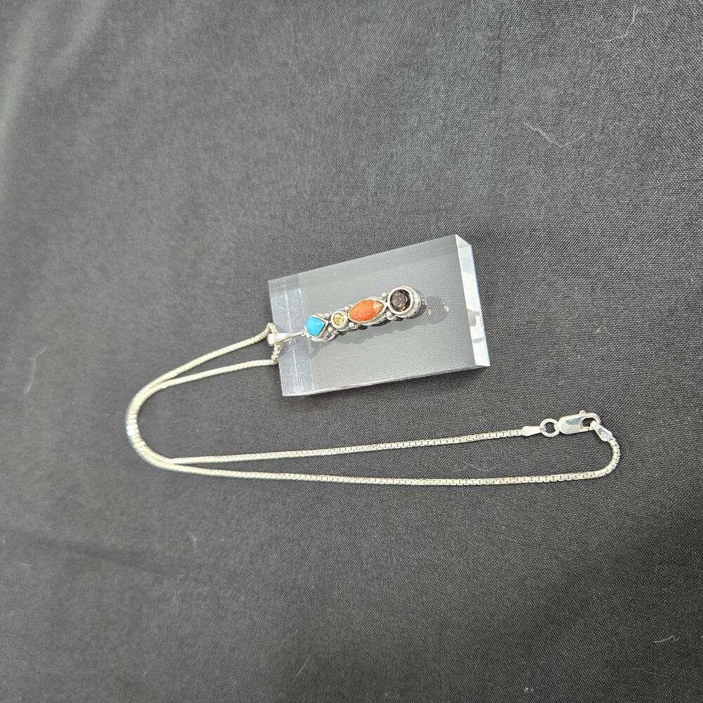 Sterling Silver Multi Gemstone Pendant Turquoise Citrine Smoky Quartz Necklace